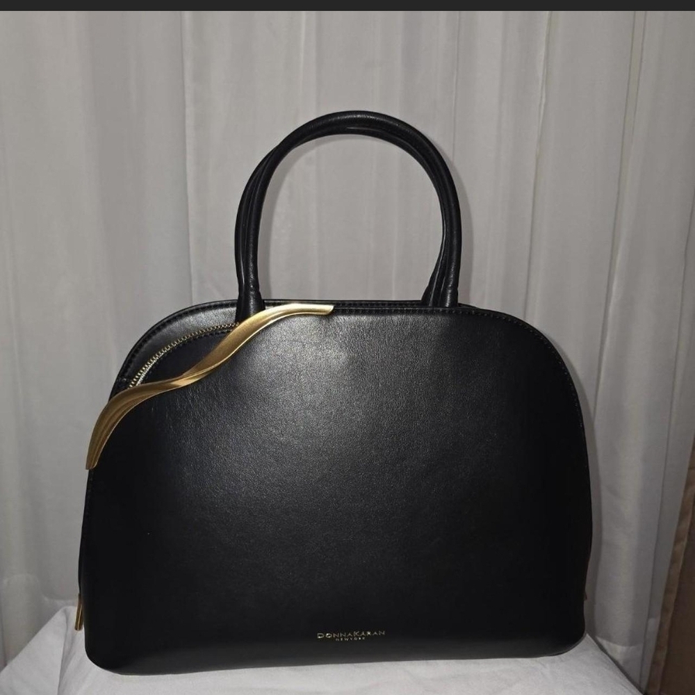 Donna Karan Black Leather Dome Satchel with Gold Accent - Picture 2 of 8